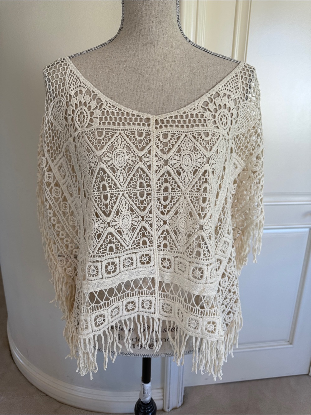 Free People Cream Crochet Fringe Poncho Sweater